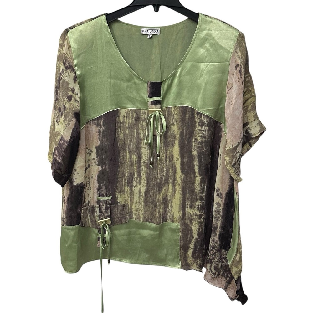 Miss Dalida Paris Abstract Print Blouse Women's Size 5‎ (XL) Bat Wing Satin Trim